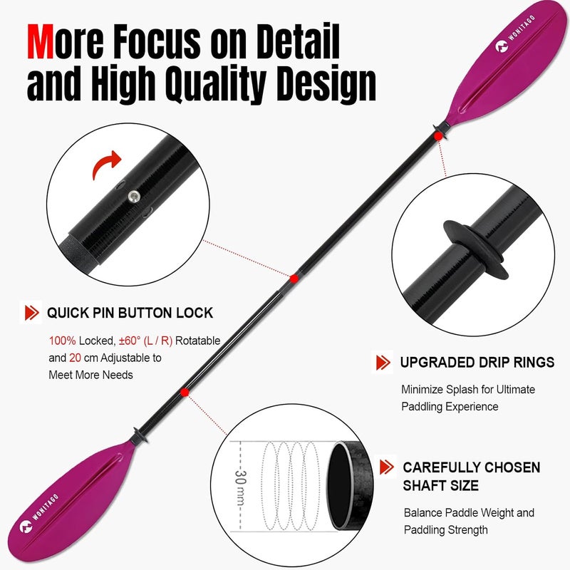 WONITAGO Kayak Paddles with Fiberglass Shaft and Reinforced PP Blade, Floating Adjustable Kayaking Oars, 3 Piece, 220-240 cm/86-94 Inches, 240-260 cm/94-102 Inches - Image 4